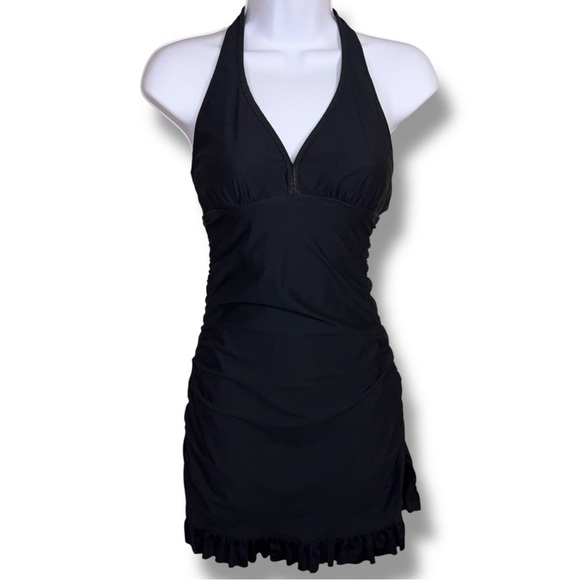 Medium Assets Spanx *READ LISTING Black Swim Cover Dress Ruffle Halter Fitted - Picture 1 of 16